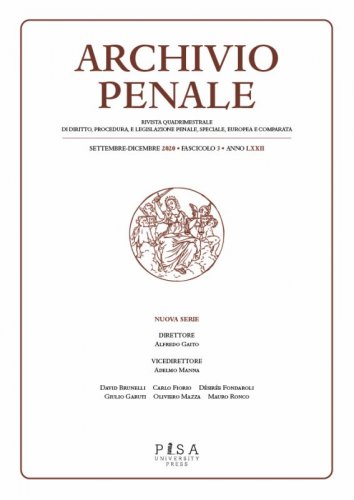 Archivio penale 3/2020 - rivista quadrimestrale di diritto, procedura e legislazione penale, speciale, europea e comparata